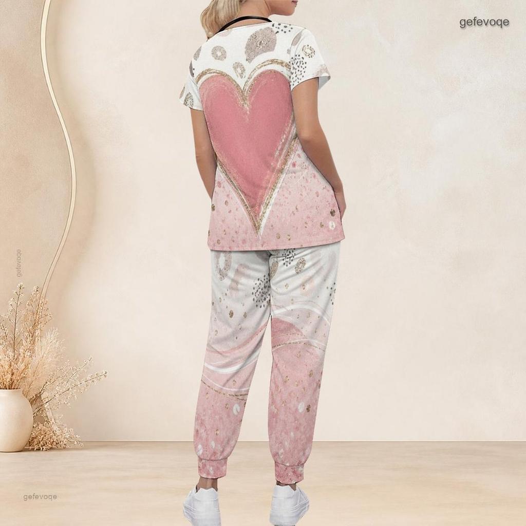 Women Plus Size V Neck Short Sleeve Scrub Set Black Base Red Gold Heart Glitter Print Nurse Uniform Set