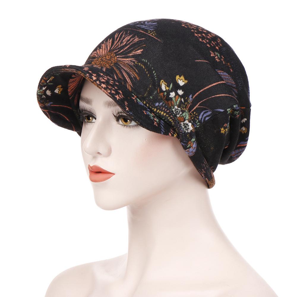 Fashion Women Floral Print Cotton Keep Warm Winter Wide-Brimmed Hat Turban Cap