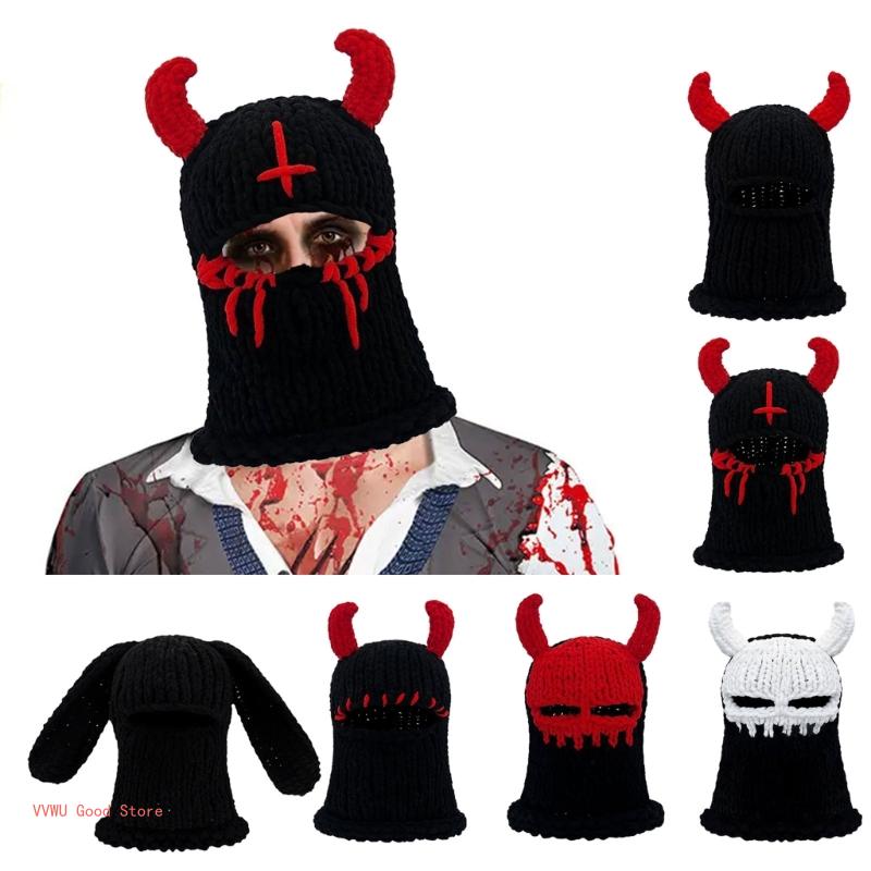 Halloween Facecover Horned Hat for Adult Unisex Theme Party Costume Horn Hat Novelty Skull Hat Winter Warm Windproof Caps