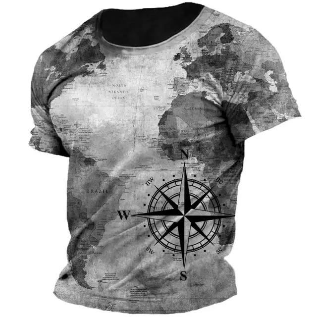 Summer Round Neck 3D Print Vintage Compass Pattern Top Fashionable Casual Short Sleeved Men's T-shirts