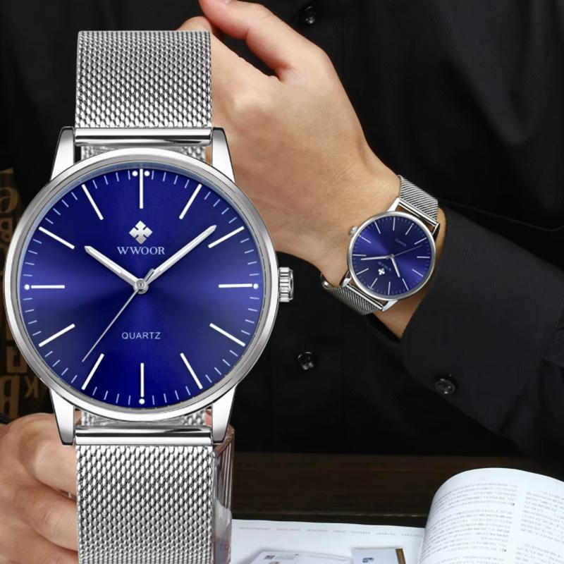 WWOOR Gold Watches Ultra Thin Simple Men Quartz Watches Waterproof Mesh Belt Full Stainless Steel Wristwatch