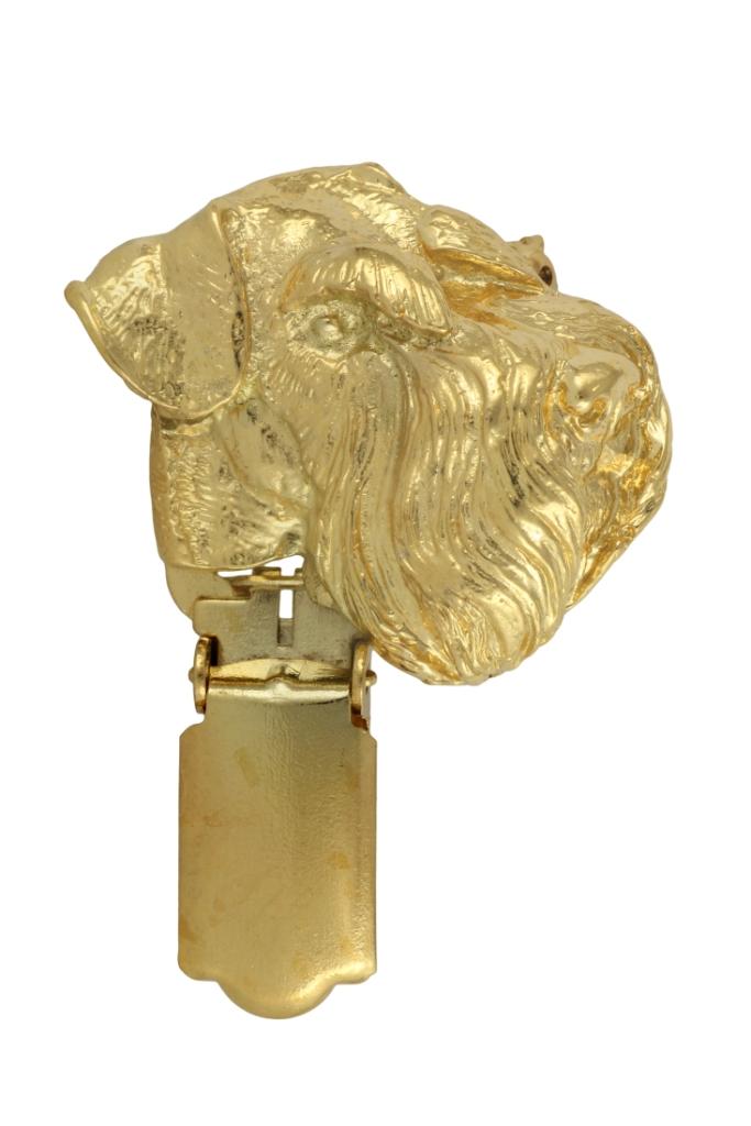 Schnauzer I - brooch with a clip, gold-plated holder for a start number, a gift for a dog show by Art-Dog brand.
