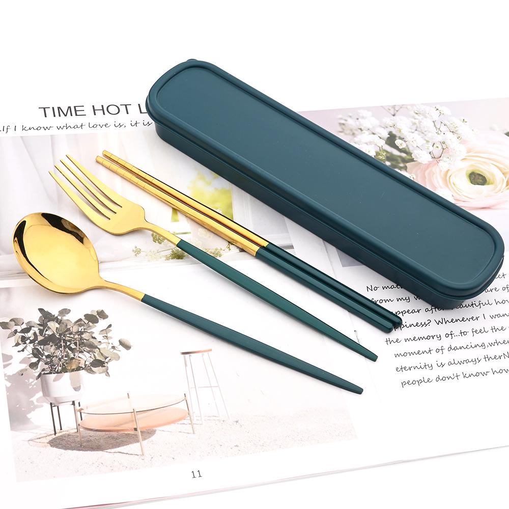 Schwarzes und goldenes Geschirrset, tragbares Reiseset, 3-teilig, Essstäbchen, Gabel, Löffel, Besteckset mit Box, Küchenzubehör, Besteck