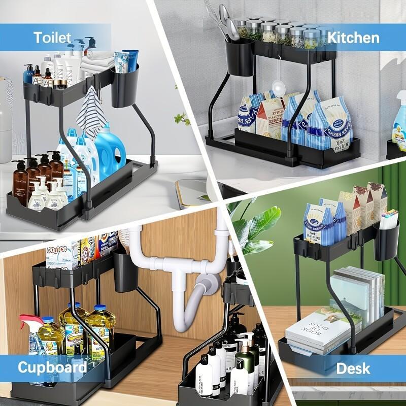 2-Tier L-Shaped Under Sink Organizers (2 Sets), Ideal for Bathroom & Kitchen! With Sliding Drawer & Pull Out Shelves to Maximize