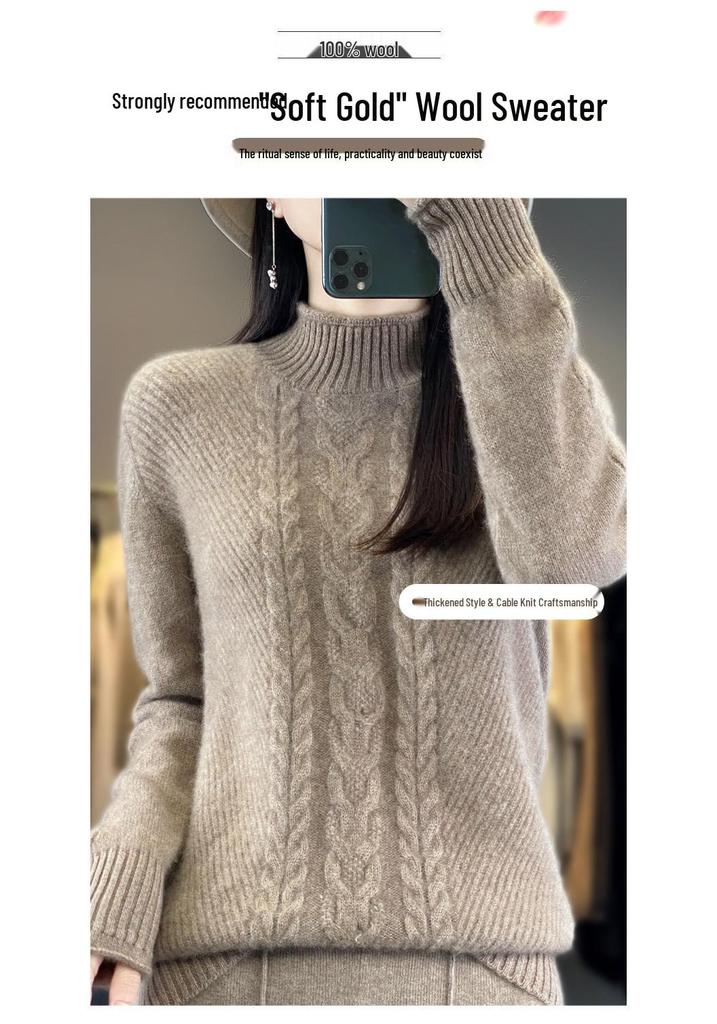 Chunky Knit Cable Wool Sweater - Half-High Neck, Textured, Elegant Autumn/Winter Outerwear