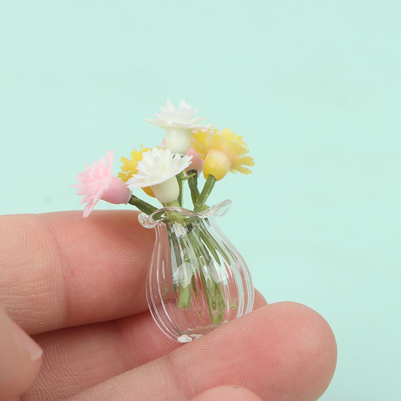 1:12 Dollhouse Miniature Jasmine Hydrangea Flower Green Plant Vase Flowerpot Vase Jar Model Furniture Decoration Accessories