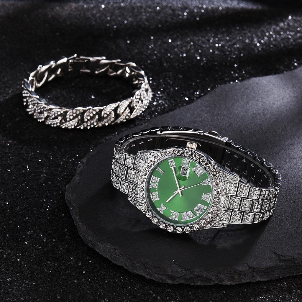 Stainless Steel Quartz Watch with Roman Numerals and Rhinestones
