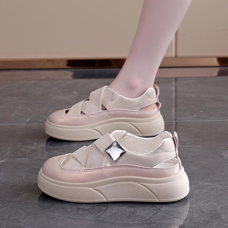 Hollow breathable bread shoes for women 2025 summer thick-soled soft Velcro muffin big head niche board shoes for women W18