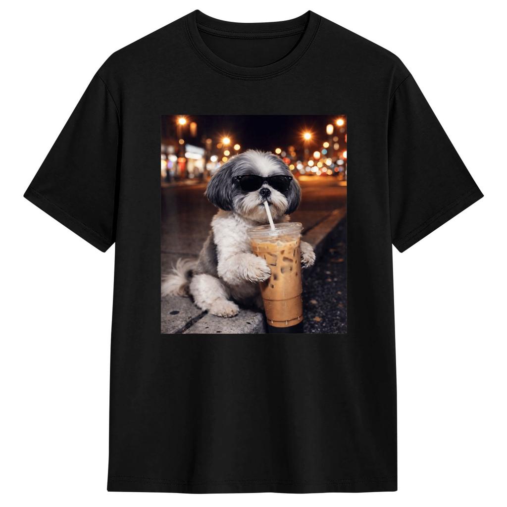 Divertente Shih Tzu che beve caffè freddo Maglietta Estate Cotone Magliette Per Unisex Design Maglietta Manica Corta Y2k Abbigliamento Casual
