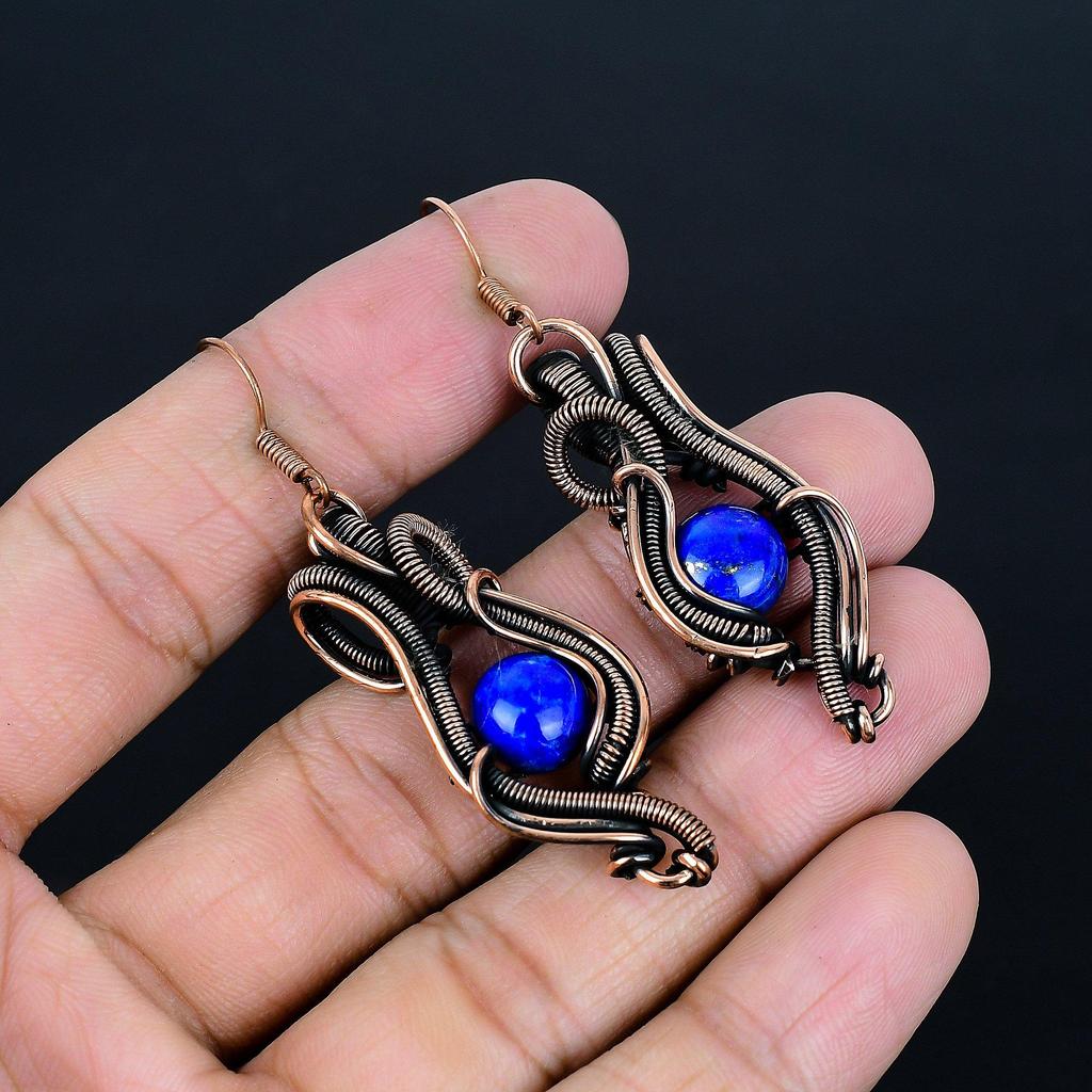 Lapis Lazuli 999 Copper Wire Wrapped Jewelry, Handmade Gemstone Earrings Jewelry, Gifts For Wife Brand New Earrings