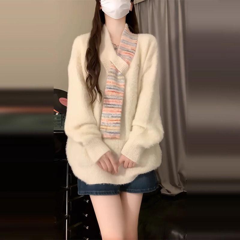 

Idle Style Soft Glutinous White V-Collar Sweater Female 2024 New Arrival Autumn and Winter Loose Long Sleeves Knitting Tops Fancy Beige White M