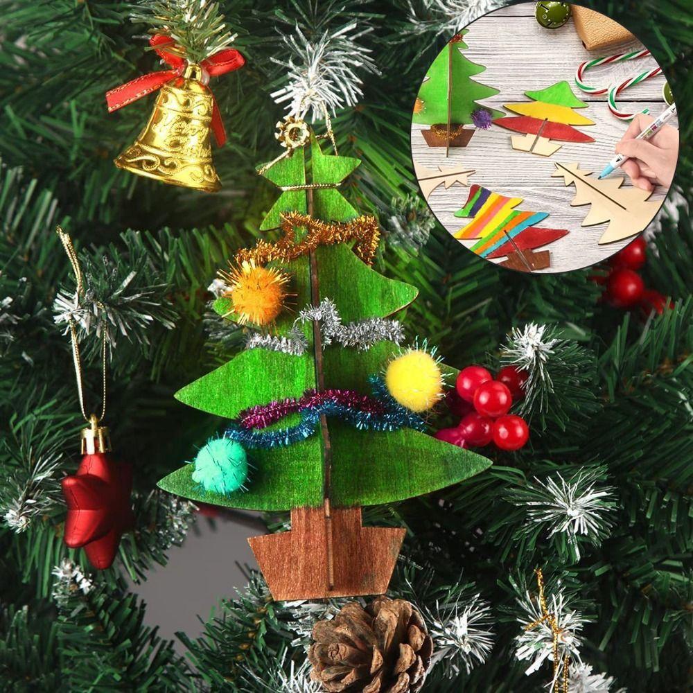 70Pcs DIY Handmade Christmas Tree 3D Painting Christmas Tree Ornaments Parent-Unisex interaction Painted Wood Chips
