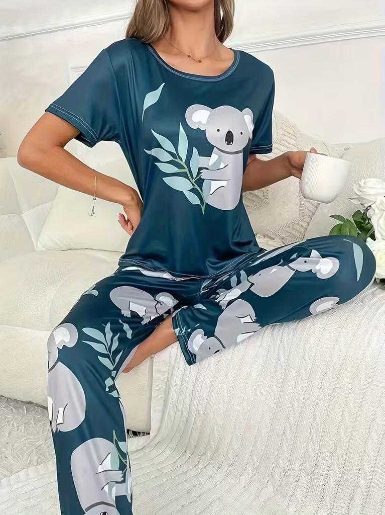 Ensemble short et haut à manches courtes pour femme Impression dessin animé Confortable et doux pour la peau Vêtements décontractés pour la maison ensemble deux pièces