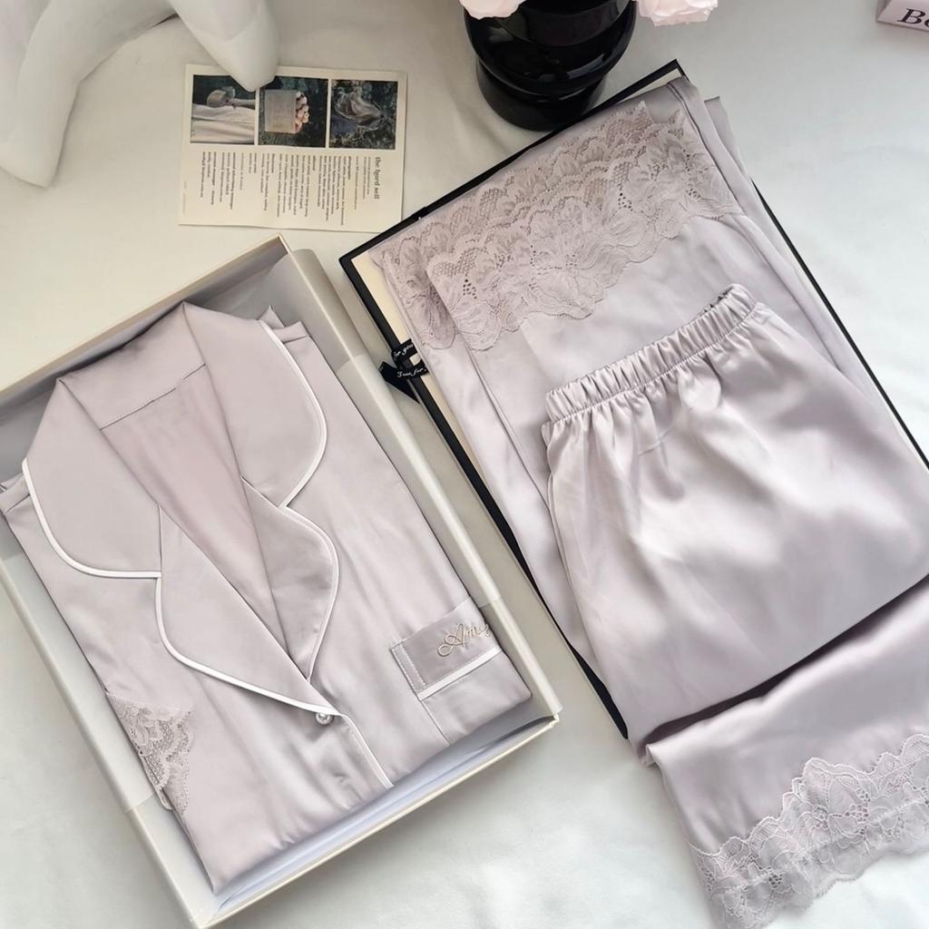 [Pearl Dodder Three-piece Set] 1011 Spring and Summer Pajamas Women's New Short Sleeve Lace Premium Ice Silk Two-piece Set