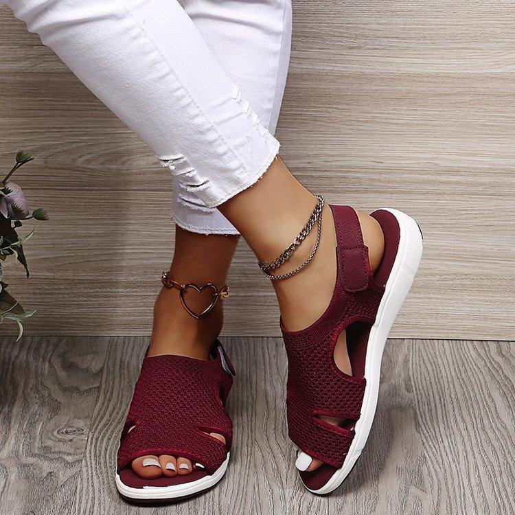 In Stock, 2025 Summer New European and Beautiful Sandals Plus Size Breathable Stretch Fly Knit Flat Casual Women's Shoes