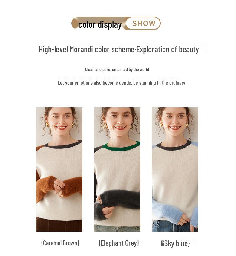 2025 Autumn/Winter Women's Color Block Cashmere Round Neck Loose Knit Sweater