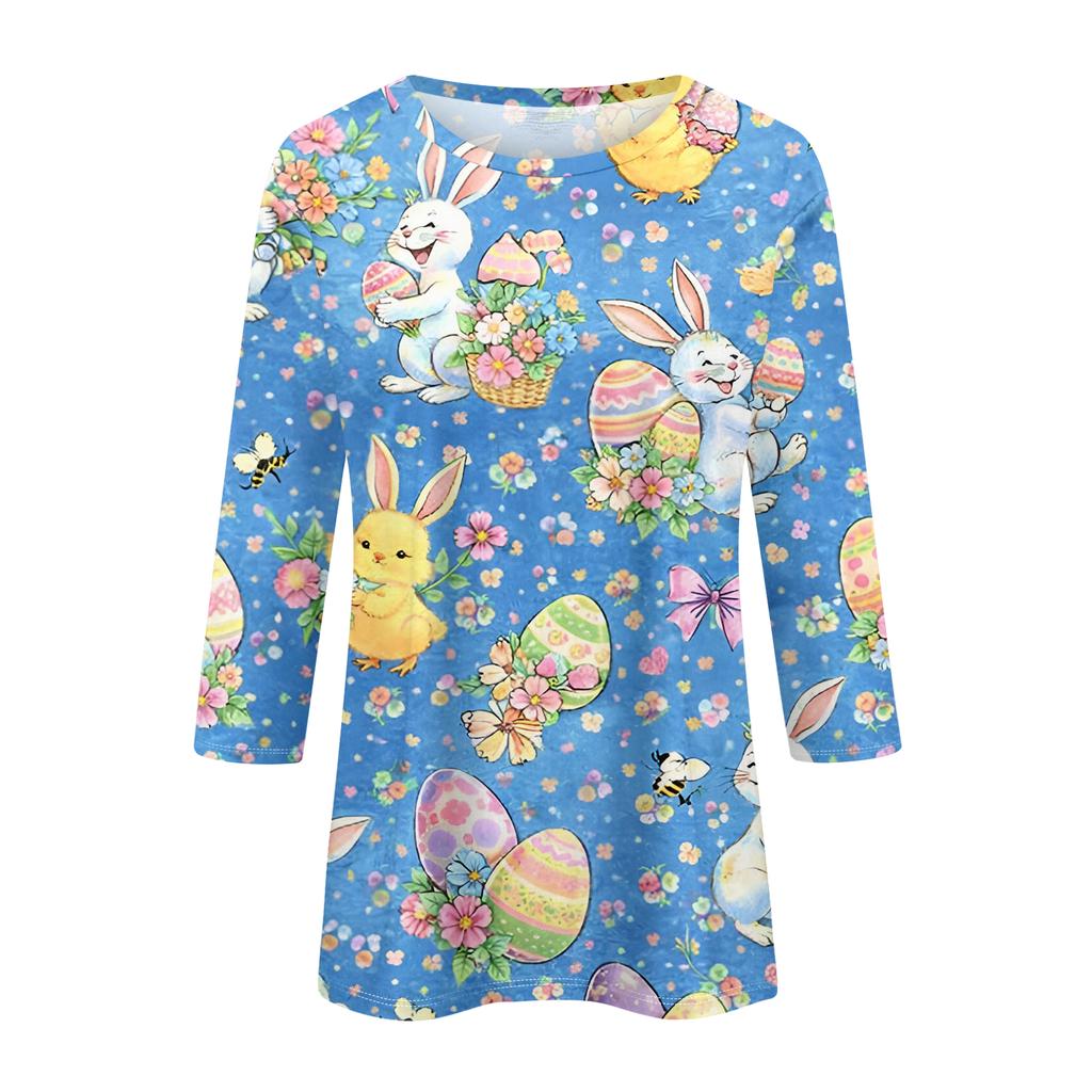 Modisches lässiges Damen-Pullover-Oberteil mit Dreiviertelärm und Osterdruck, Rundhalsausschnitt