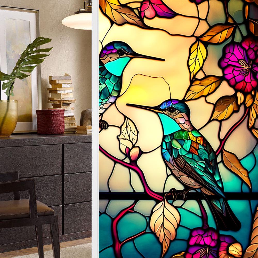 Colorful Retro Floral & Bird Static Cling Window Film - No Glue, Removable