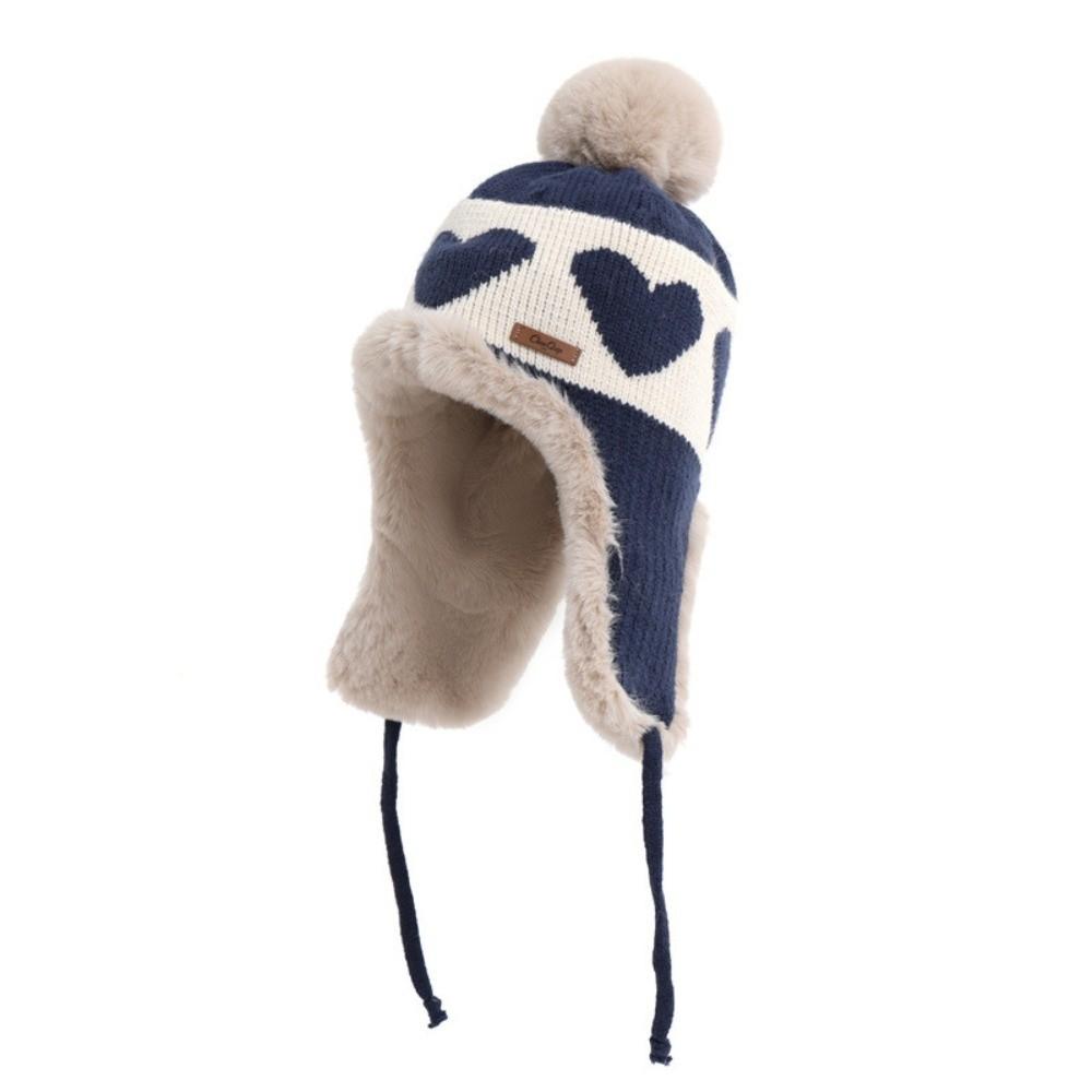 Polyester Trapper Hat Pom Pom Thick Warm Lining Winter Hat Heart Pattern Ear Flap Hat For Women