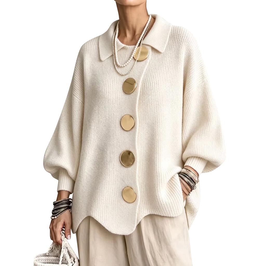 Cardigan alla moda da donna con colletto a revers, bottoni, cerniera e orlo asimmetrico