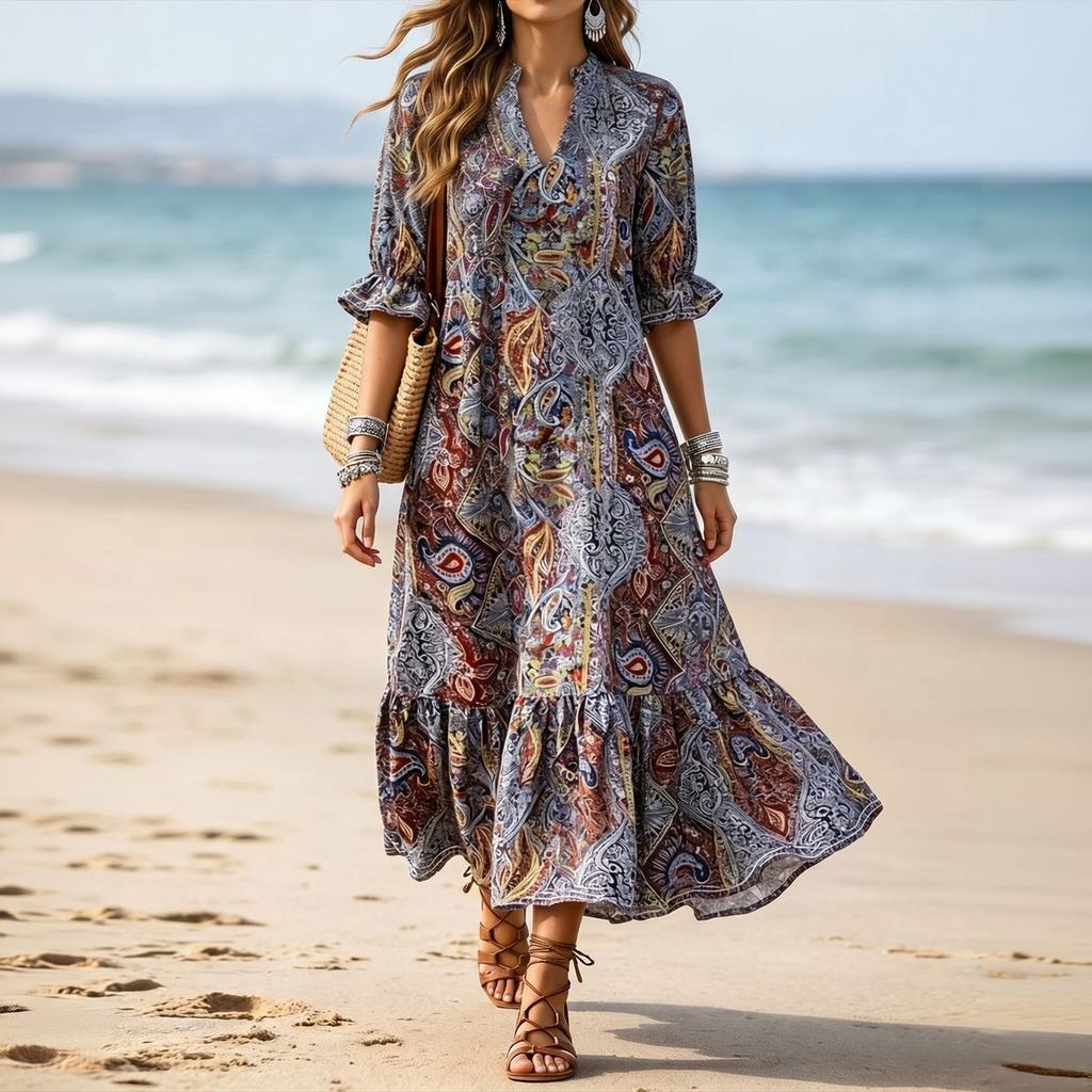 Women's V-Neck Printed Short Sleeve Maxi Dress, Bohemian Floral Long Dress with Flowy Skirt