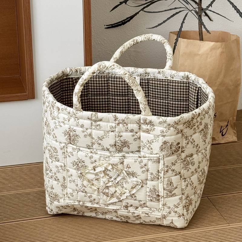 Floral Fabric Storage Basket With Foldable Handle For Home Organization And Gift Use