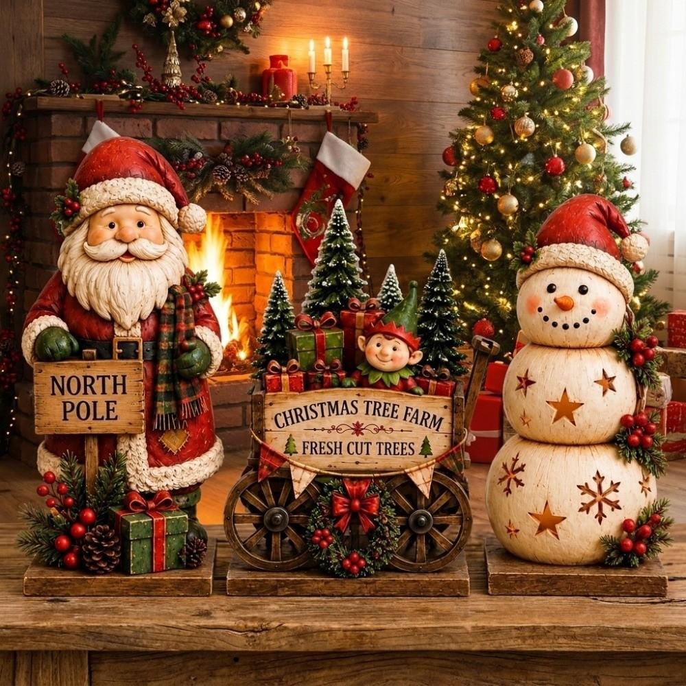 3Pcs Vintage Style Wooden Christmas Ornaments Rustic Style Christmas Figurines Home Decor