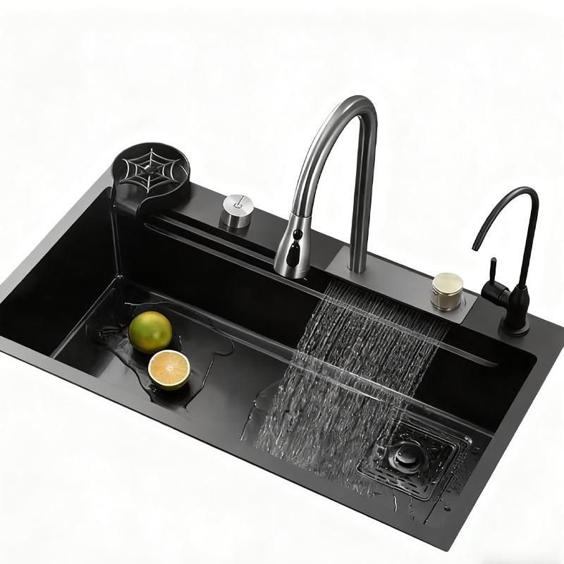 Stainless Steel Kitchen Sink with Nano Coating, Pull-Out Rain Shower, and Large Single Bowl for Vegetable Washing.