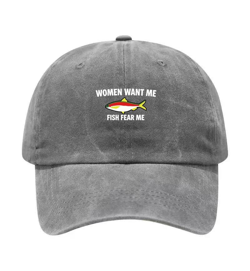 Fische fürchten mich Aufdruck Gewaschene Baumwolle Verstellbare Baseballkappe Klassische Snapback Papa-Hut Atmungsaktiver Hut Golf Angeln Outdoor Sonnenschutzmütze