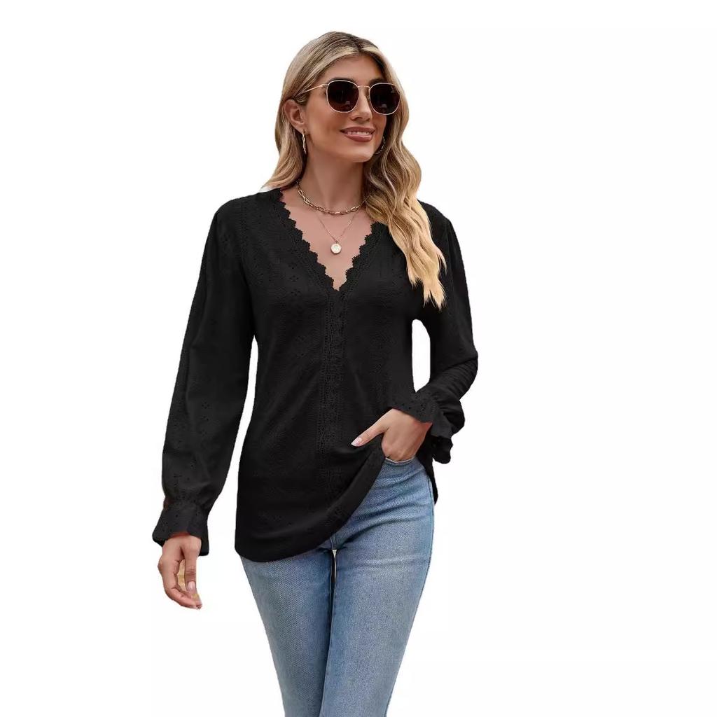 Women's Lace V Neck Blouse Long Sleeve Eyelet Embroidery Casual Loose Fit Shirt