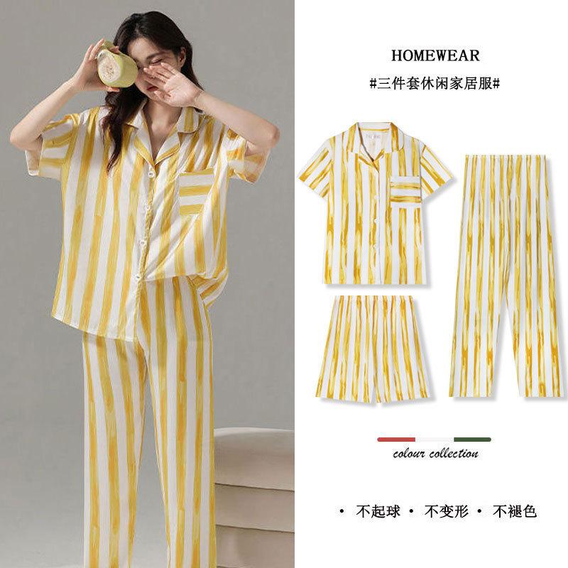 Pajamas Women'S Japanese Simple Yellow Striped Summer Short-Sleeved Shorts Trousers Loose Large-Size Loungewear Set