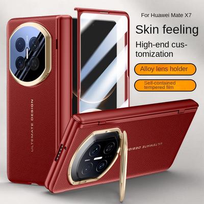 Leather With Front Screen Tempered Glass Protector Case For Huawei Mate X7 Spring Hinged Camera Holder Cover