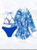 2023 Women's Sexy Three-Piece Swimwear Set with Elegant Neckline, Printed Belted High-Waisted Skirt