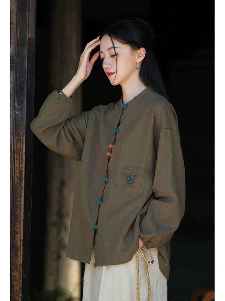 Women's Retro Cotton Linen Color Block Frog Button Cardigan Shirt