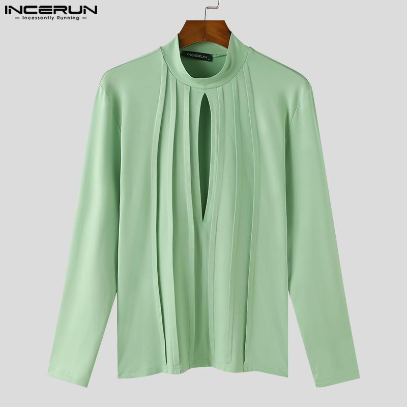 INCERUN Bărbați, primăvară, toamnă, cu gât înalt, cu pliuri, cămăși cu mânecă lungă, ocazional