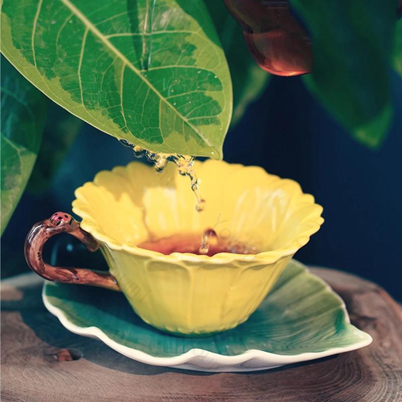 French style enamel coffee cups high end exquisite Hand drawn flowers afternoon tea cup Plate sweet household tableware gifts