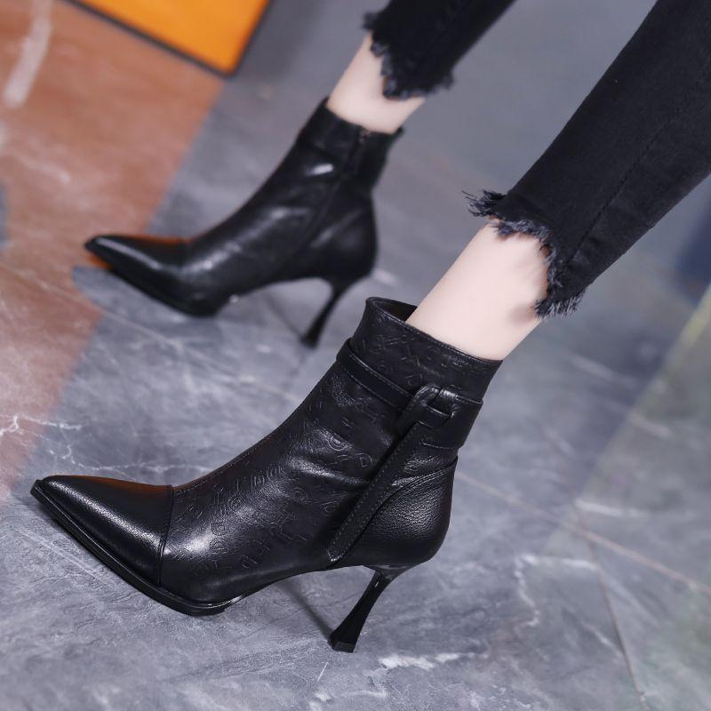 Khaki Pointed High-heeled Short Boots Women's Autumn and Winter 2025 New Design Belt Buckle Splicing Thin Heel Thin Boots