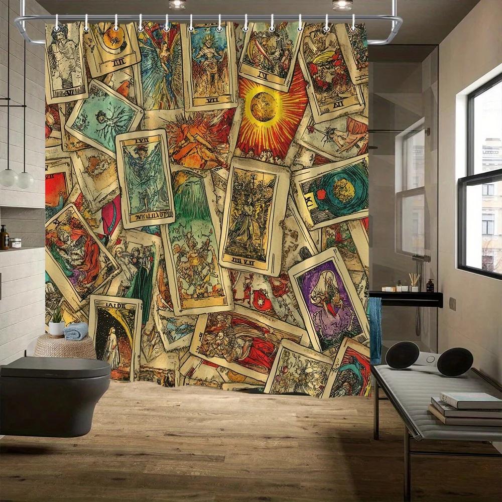 

Vintage Tarot Cards Shower Curtain - Intricate Designs, Earthy Tones, 12 Hooks, Polyester, Tub & Bathroom Decor W90xH180cm