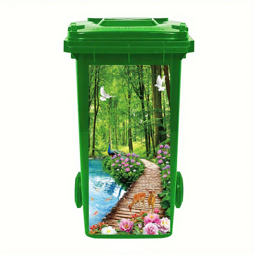 1 Pezzo Adesivo Pattumiera Alberi Verdi a Cascata Autoadesivo Paesaggio Naturale Decalcomania con Scene Vivaci di Foresta, Fiume e Funghi per Giardino Esterno