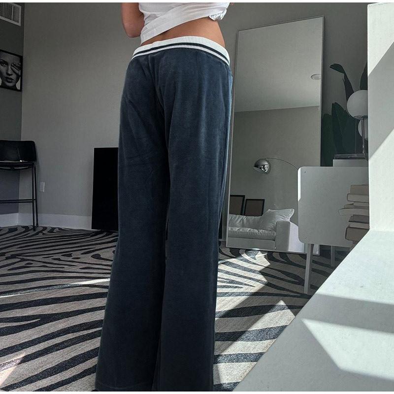 Blue Velvet Casual Pants Streetwear Stitching Straight Trousers Vintage Drawstring Low Rise Loose Women's Pants Basic 2025 Spring Autumn