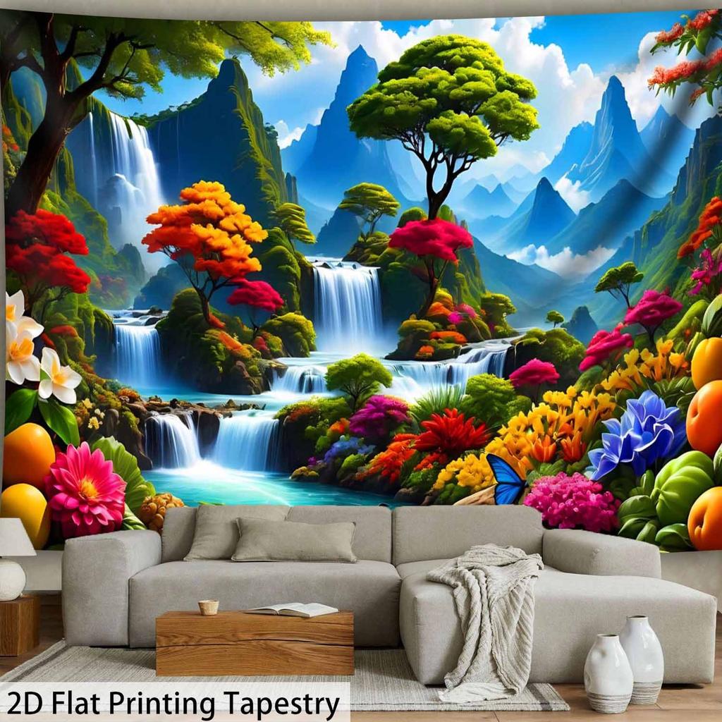 Fantasy Mountain Stream Scene Tapestry Rainbow Trees Flowers Background Scenic Decor Wall Hanging for Living Room or Bedroom