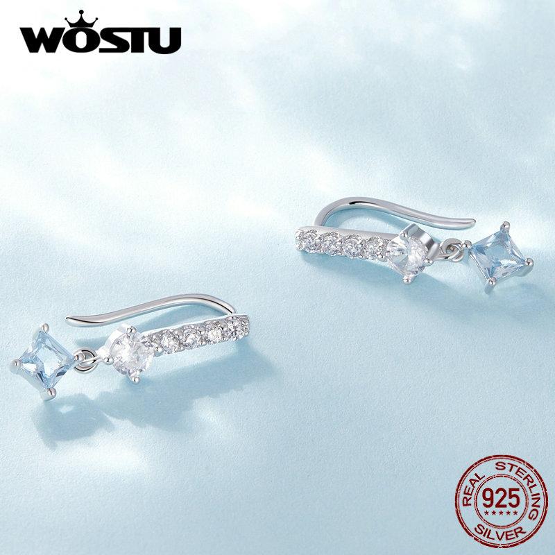 WOSTU 925 Sterling Silver Delicate Blue and White Square Zircons Ear Hook Earrings for Women Fine Jewelry Birthday Gift