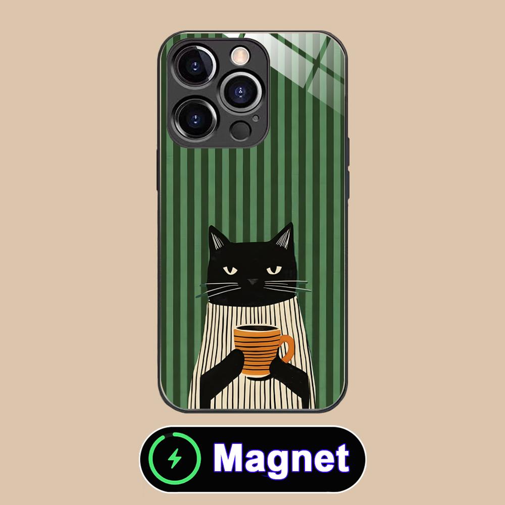 Cute Coffee Cat Glass MagSafe Mobile Phone Case for iPhone 17 16 15 14 13 12 11 Air Pro Max Plus Mini Colorful Cover