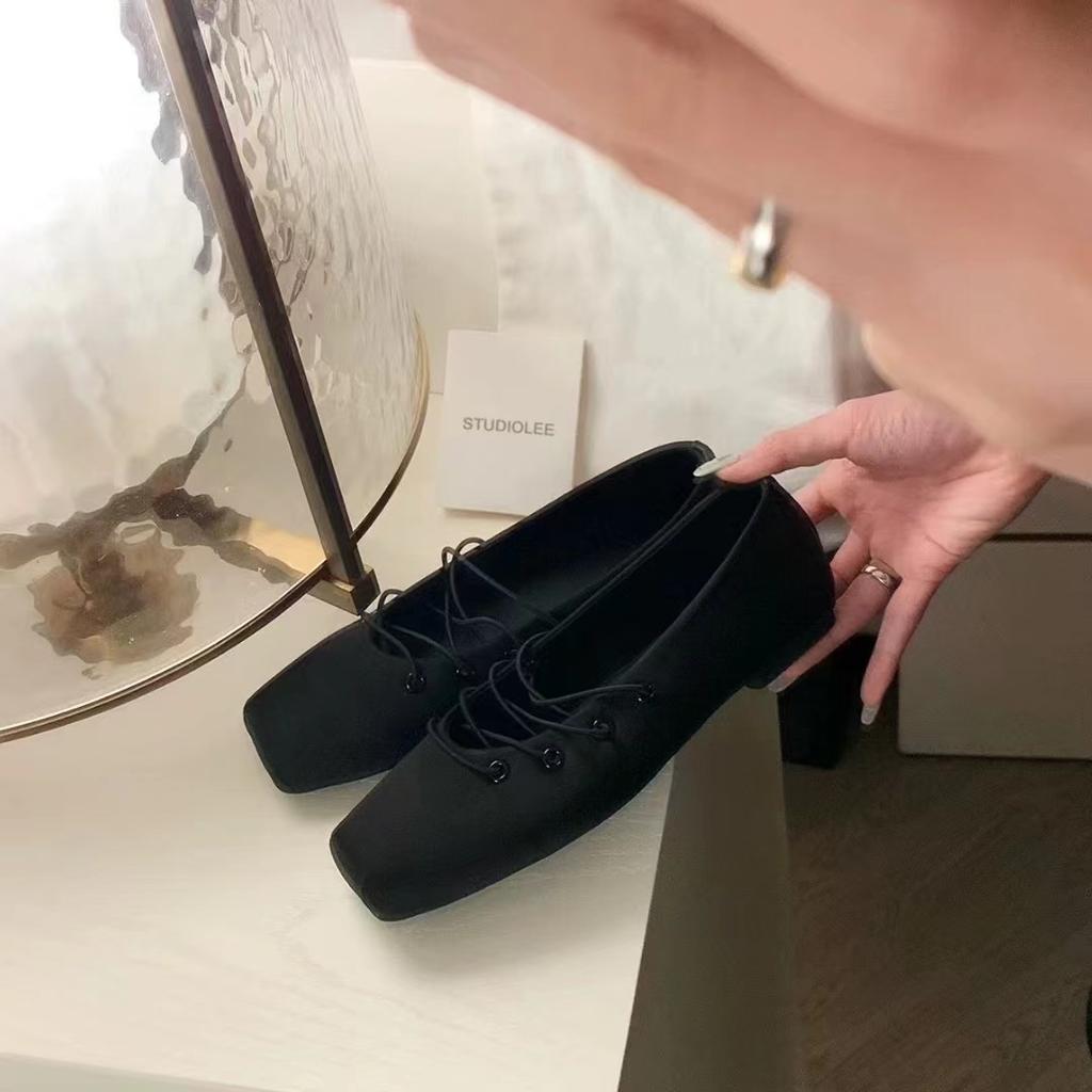 Korean new version of blue satin leather square head retro niche light mouth single shoes Mary Jane ballet flats women