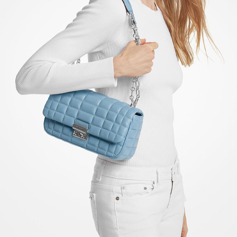 MICHAEL KORS Tribeca Smooth Quilted Silver Hardware Leather Shoulder Bag Large Women's Blue