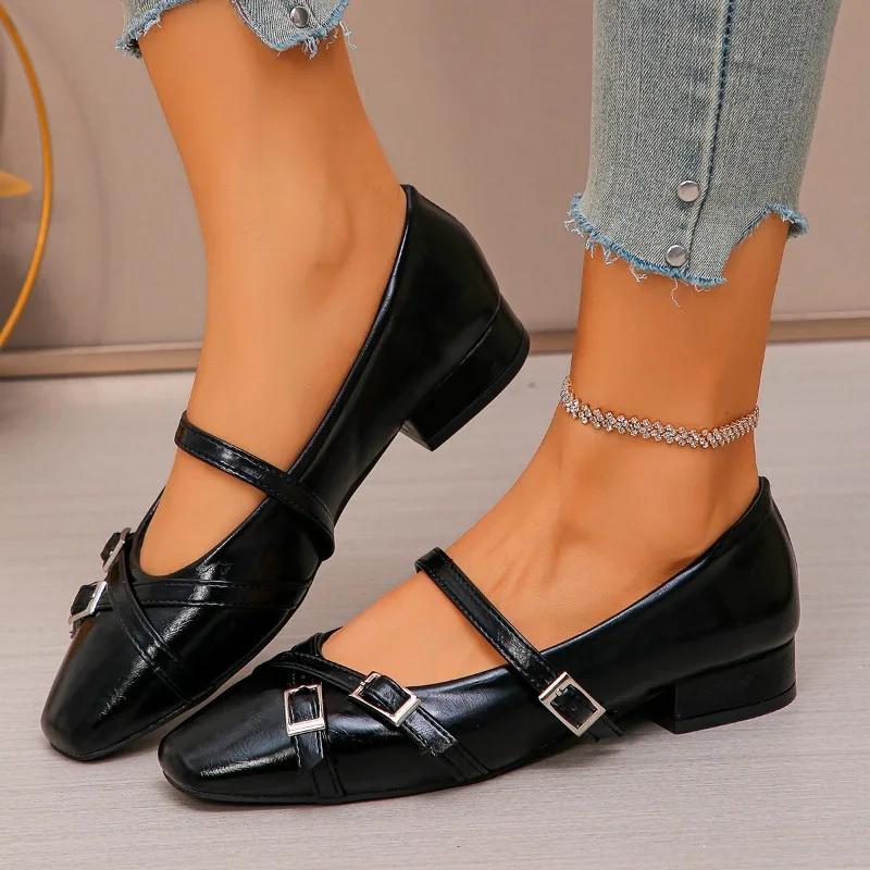 

Модные осенние темпераментные туфли-лодочки с квадратным носком, женские новые с леопардовым принтом, металлической пряжкой и низким каблуком Мэри Джейн 42 чёрный