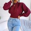 Women's Autumn and Winter Solid Color Hollow Striped Lantern Sleeve Crop Knit Sweater