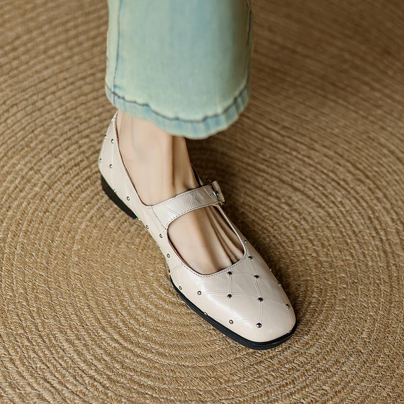 Fashion 2025 New Woman Buckles Spring Pumps Genuine Leather Shoes for Woman Rivets Mary Jane Party Wedding Shoes Woman Dance Pumps