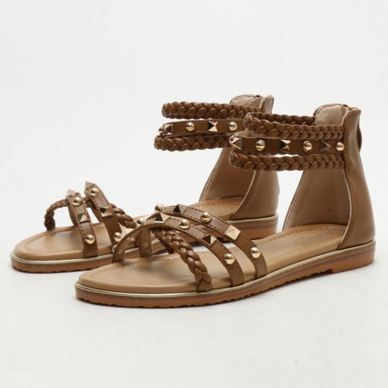 Fashion Metal Rivet Decoration Flat Sandals Women Novelty Woven Cross Tied Zip Designer Shoes Summer Sexy Open Toe Beach Sandals
