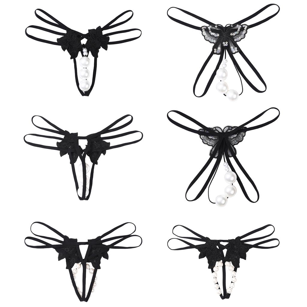 Women's Faux Pearls G-String Underwear T-back Thong with Spaghetti Waistband Open Design